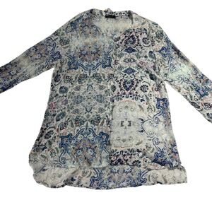 Top Secret Floral Print Tunic Top Long Sleeve Bohemian Blouse White Blue Size 44